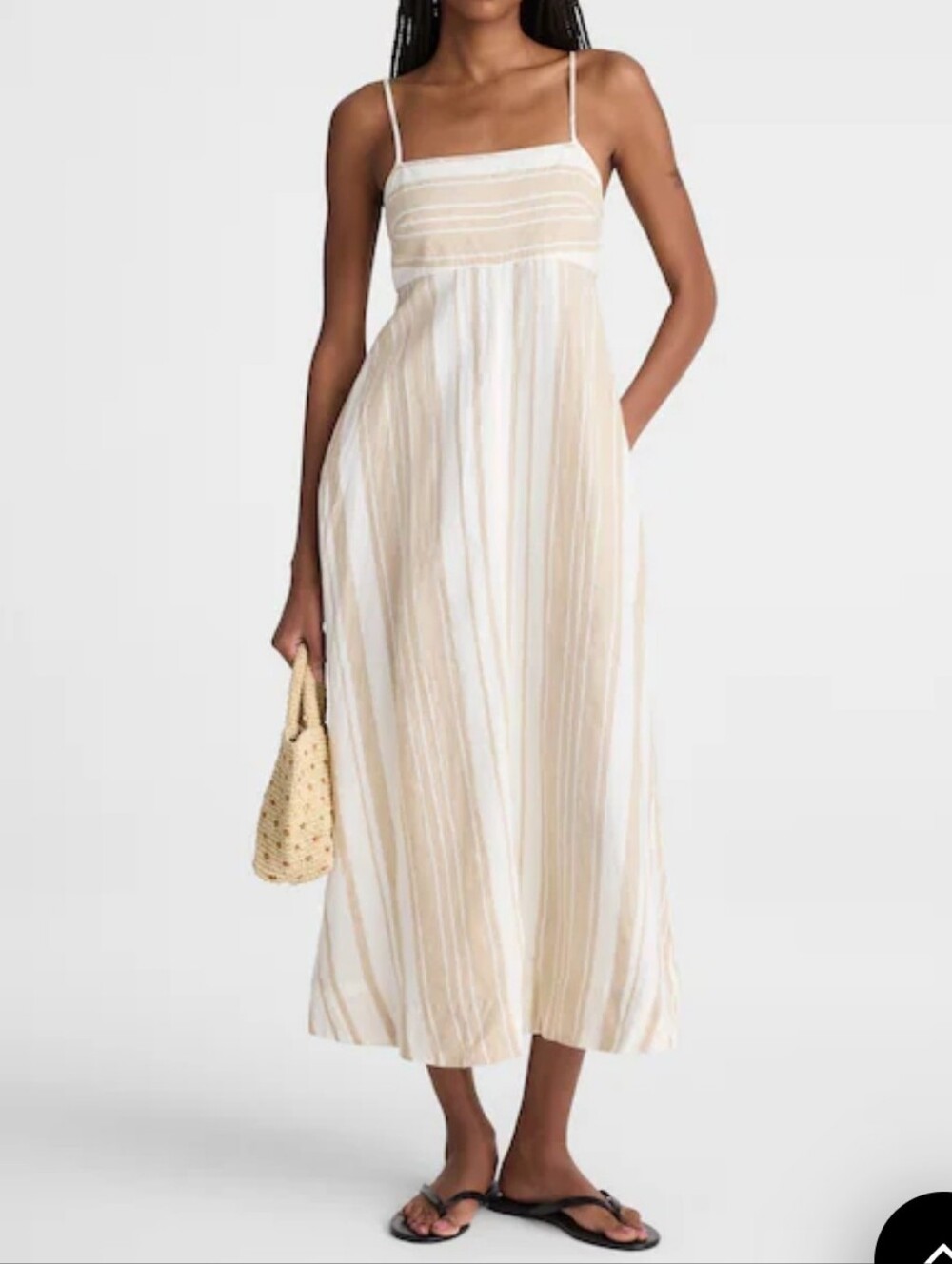 Madewell 100% Linen Cream & Tan Striped Spaghetti‑Strap Midi Dress Size L NEW